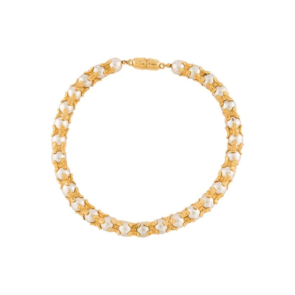 St John's Beautiful Vintage Gold Tone Faux Pearl Choker Necklace Bold 16" SJ-28